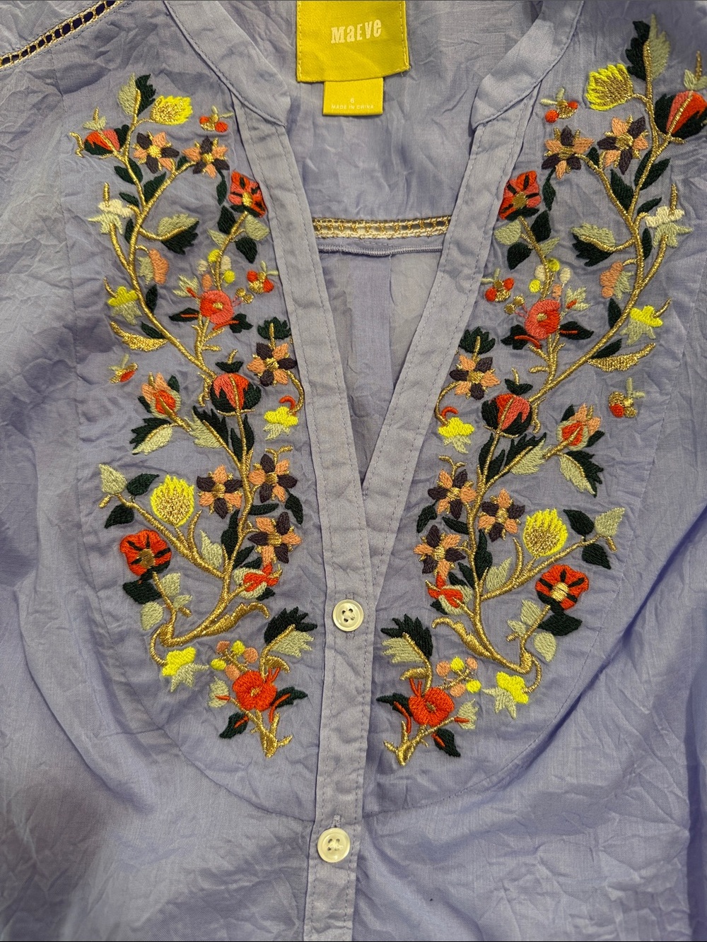 Maeve Light Blue Sleeveless Button-Up Top with Floral Embroidery - Picture 4 of 5
